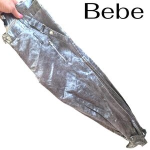 Bebe Shiny Silver Buckled Zipper Pants